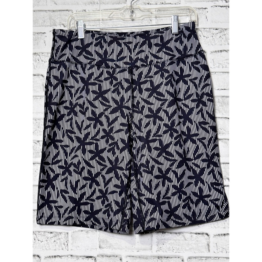 Lands End Womens Black White Floral Stripe Bike Shorts Medium 10-12 Activewear